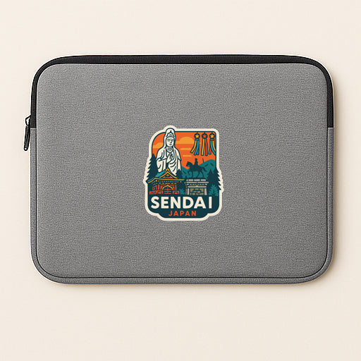A gray laptop sleeve with a colorful sticker depicting a temple and mountains, along with the text "SENDAI JAPAN".