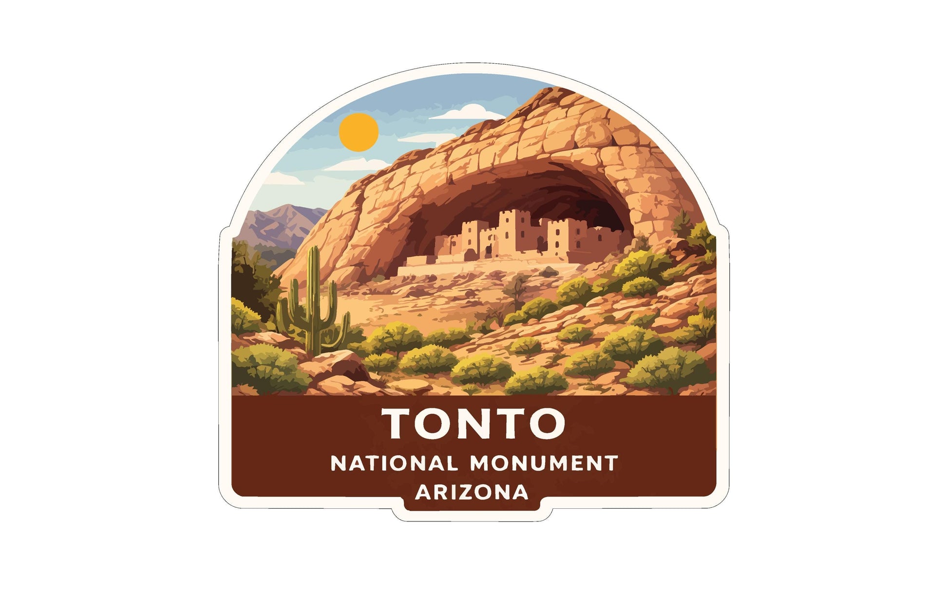 a sticker or label with a desert landscape and a cave-like structure, likely representing the Tonto National Monument in Arizona.