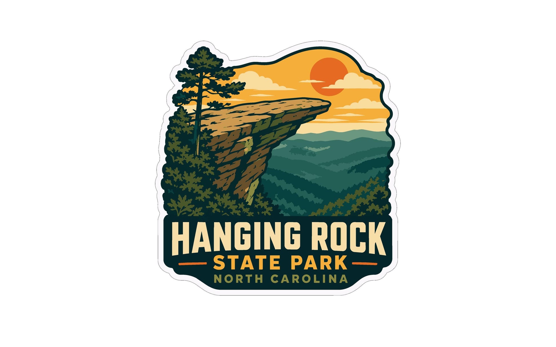 A sticker or logo depicting a scenic landscape with a cliff, trees, and mountains, along with a sunset in the background.