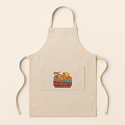 A beige apricot with a colorful graphic of a city and the text "Palm Springs, California" printed on it.