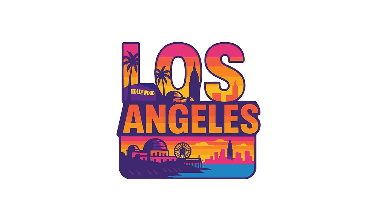 the los angeles skyline with the words los angeles on it