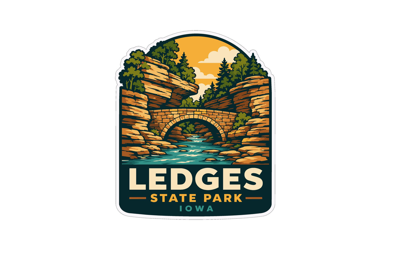 A sticker or emblem featuring a scenic landscape with a bridge, trees, and water, along with the text "LEDGES STATE PARK IOWA".