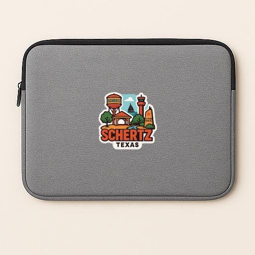 a gray laptop sleeve with a sticker that says "Scheritz, Texas".