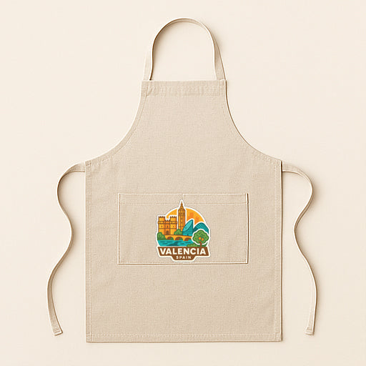 A beige apricot with a graphic of a city skyline and the text "VALENCIA" printed on it.