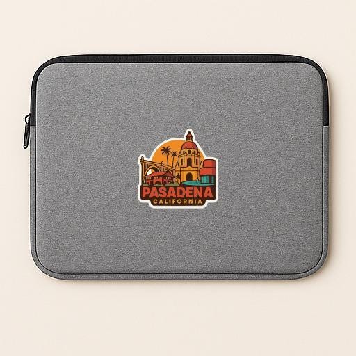 A gray laptop sleeve with a colorful sticker of the historic city of Pasadena, California.