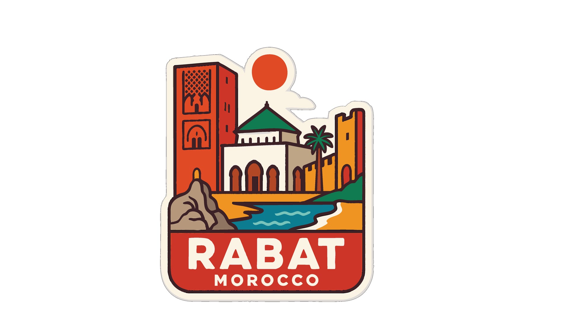 a sticker or emblem with a stylized illustration of a cityscape, including a tall tower, palm trees, and a body of water. The text "RABAT MOROCCO" is prominently displayed, indicating the location or country of the image.