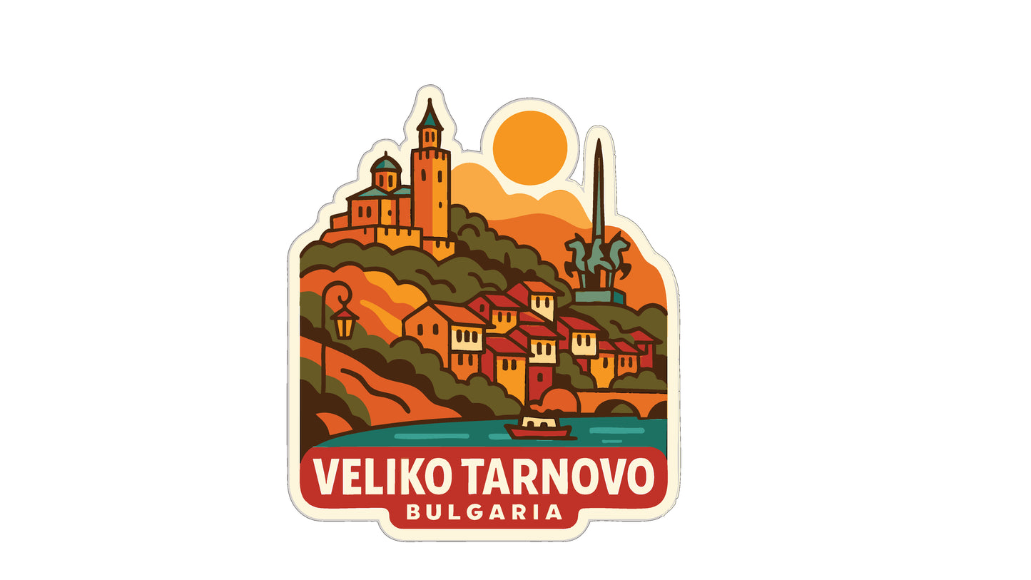 The image is a sticker depicting the town of Veliko Tarnovo, Bulgaria.