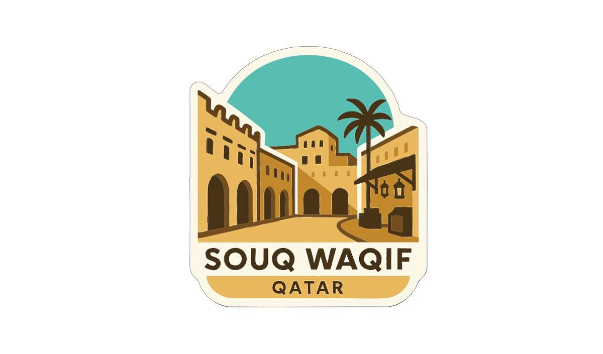 a sticker or label with a stylized illustration of a street in Souq Waqif, Qatar.