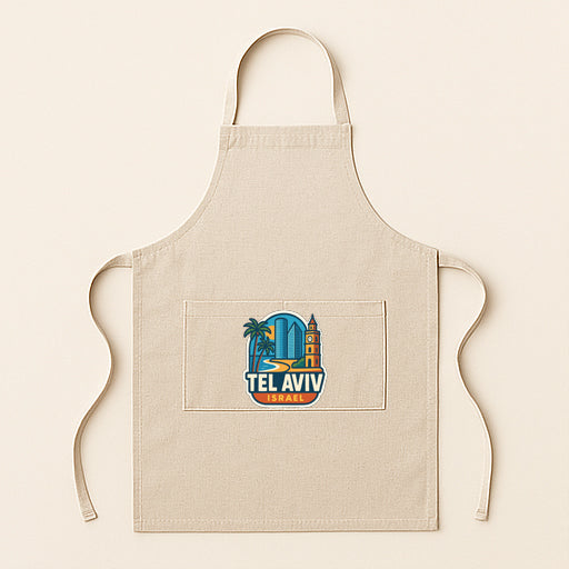 A beige apricot with a graphic of Tel Aviv, a city in Israel, printed on it.