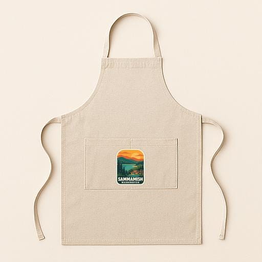 A beige apricot with a small graphic patch on the front pocket, displaying a scenic landscape.