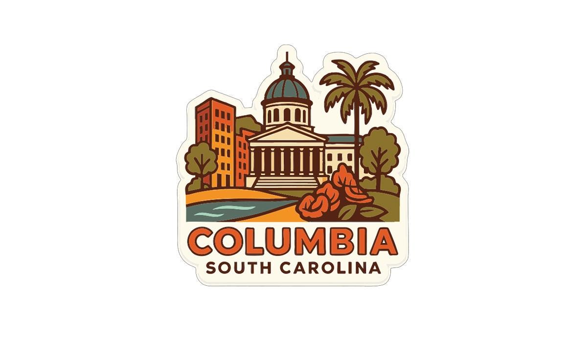A sticker depicting the city of Columbia, South Carolina, with a variety of architectural styles and landmarks, including a domed building, a palm tree, and other cityscape elements.