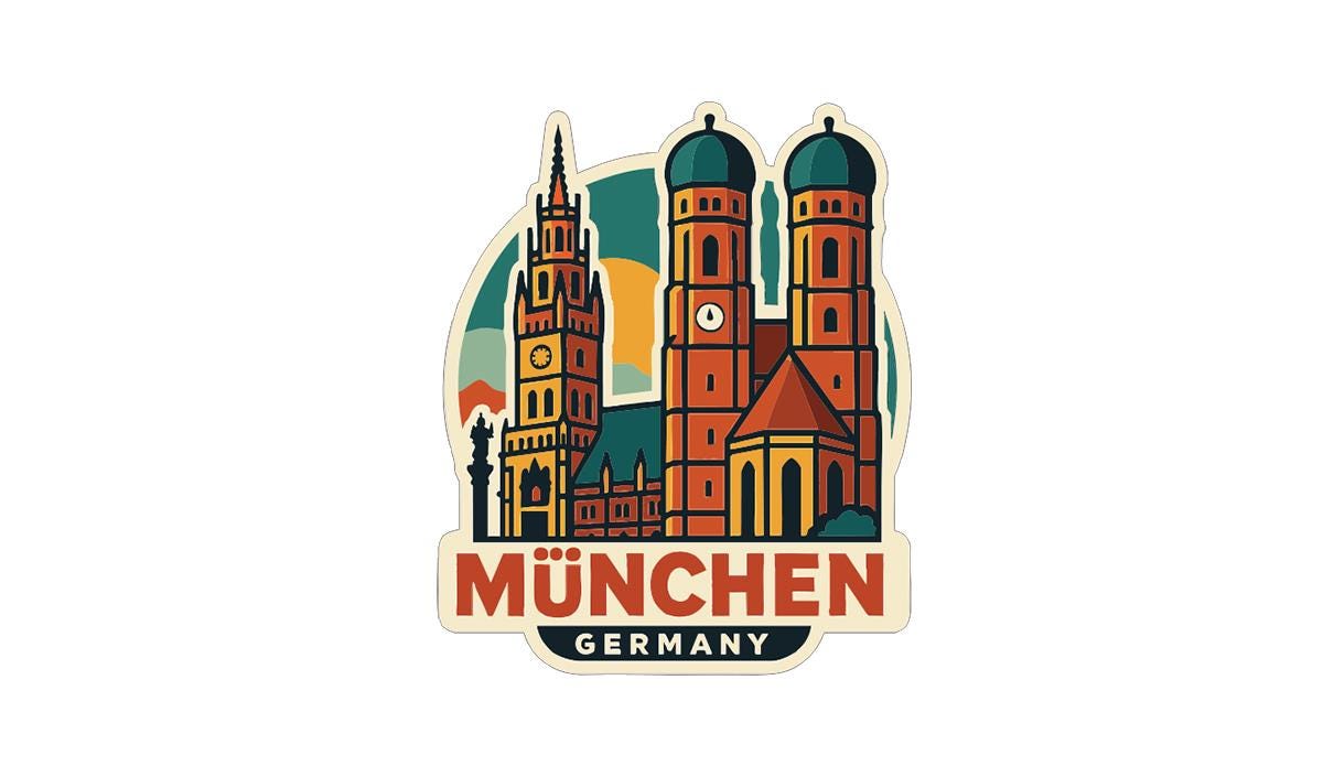 a sticker or illustration of the city of Munich, Germany, showcasing its iconic landmarks and architecture.