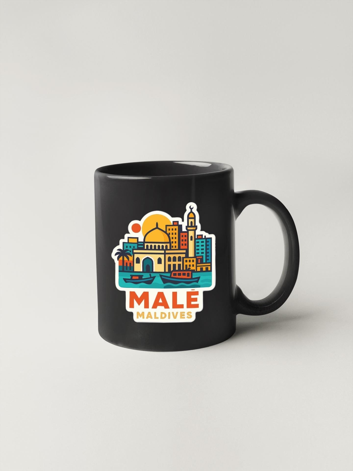 A black coffee mug with a colorful illustration of a cityscape and the text "MALDEZU" printed on it.