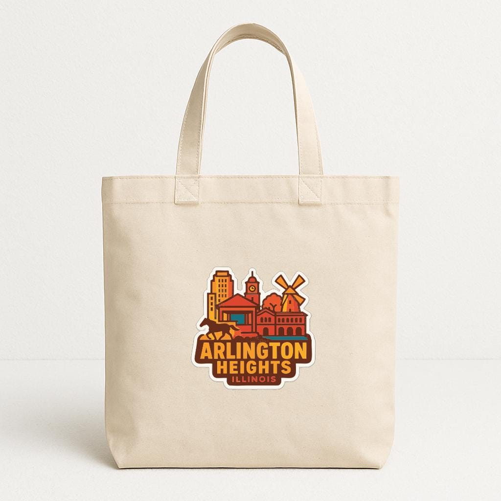 A beige tote bag with a printed design featuring the city of Arlington Heights, Illinois.