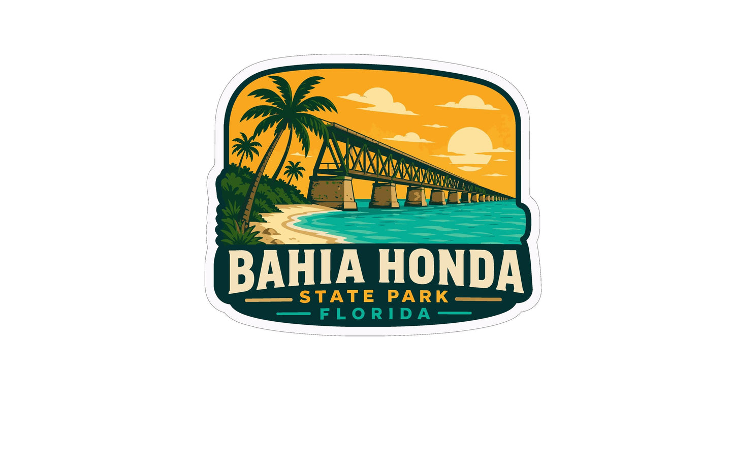 A sticker or logo depicting a bridge over a body of water, with palm trees and a sunset in the background, representing Bahia Honda State Park in Florida.