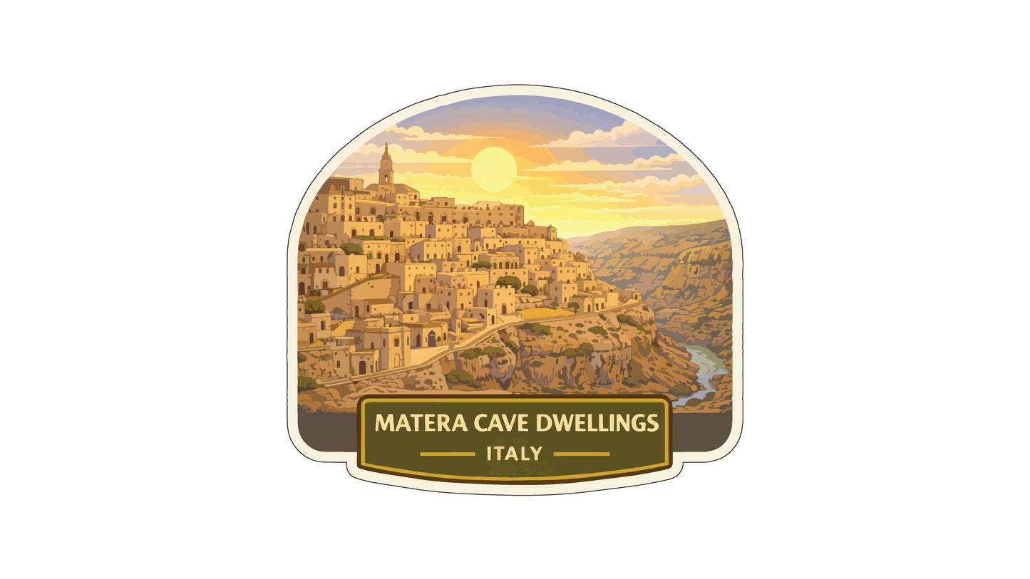 a scenic view of the Matera cave dwellings in Italy, with a large, multi-story village nestled on a cliff overlooking a valley.