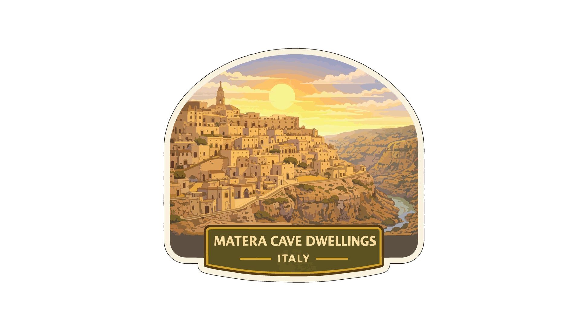 a scenic view of the Matera cave dwellings in Italy, with a large, multi-story village nestled on a cliff overlooking a valley.