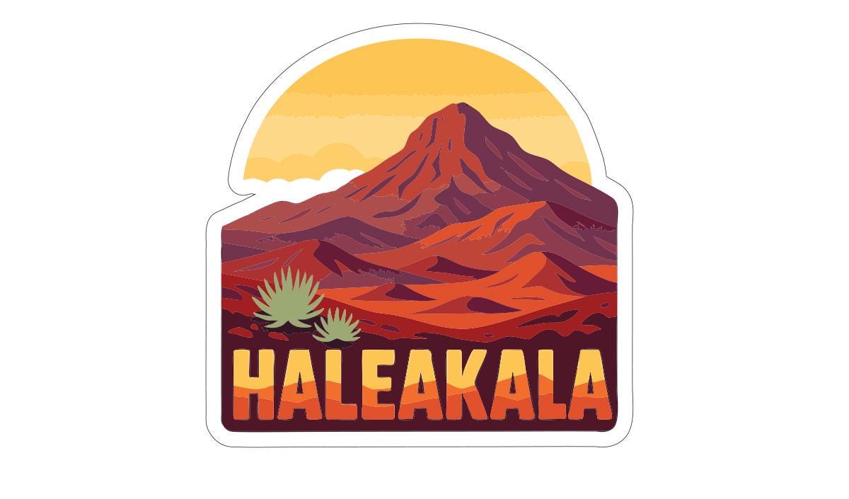 A sticker depicting a mountain landscape with a large peak and a desert-like terrain. The word "Haleakala" is prominently displayed in the center of the sticker.