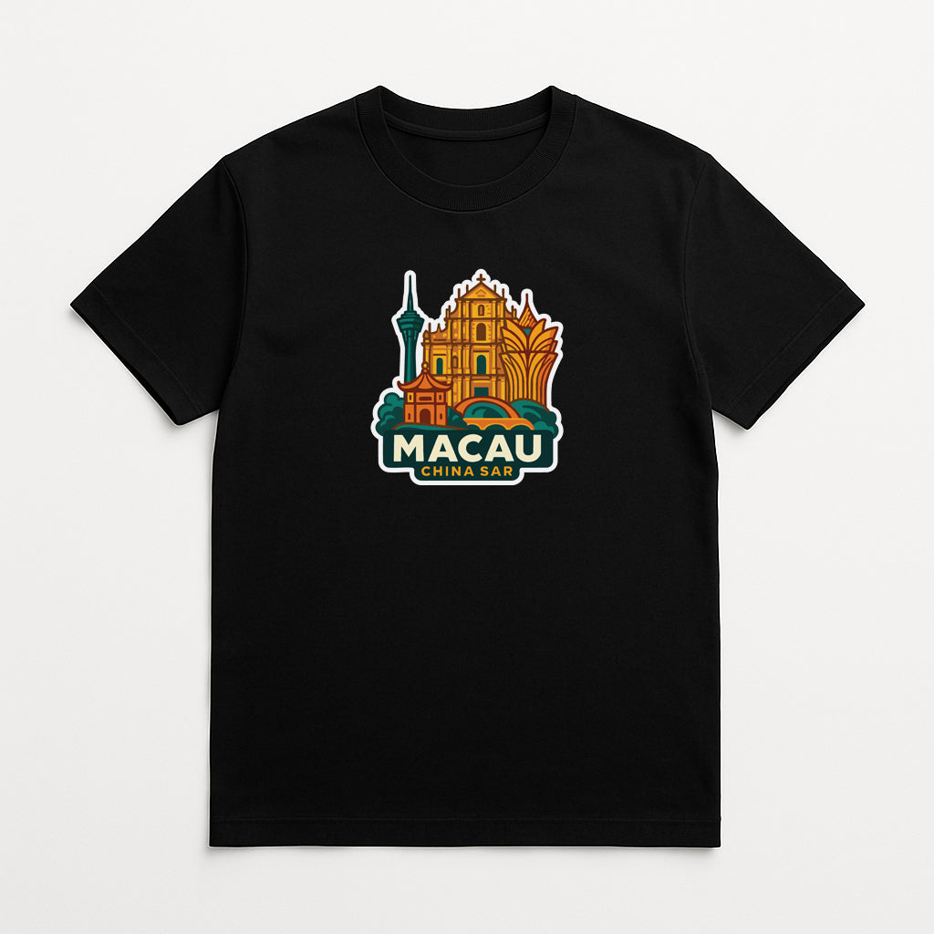 A black t-shirt with a graphic design featuring the Macau skyline and the text "MACAU CHINA BAR" printed on it.