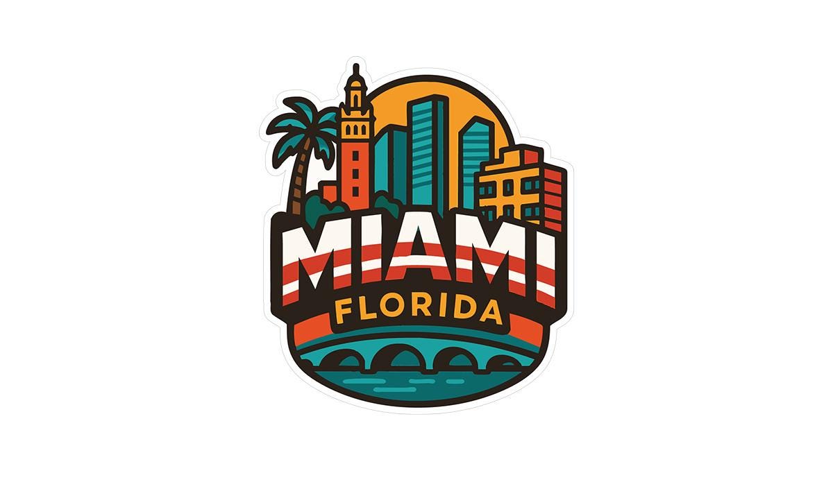 a sticker that says miami with a city skyline in the background