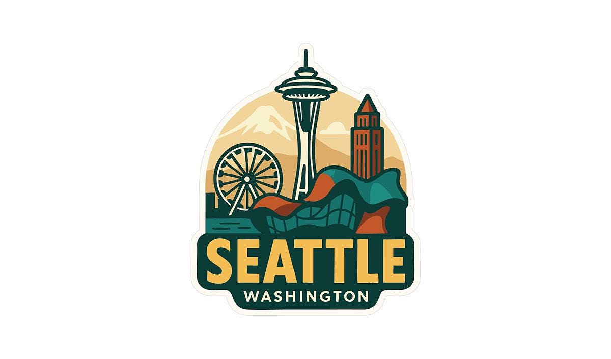 a sticker of seattle with a ferris wheel in the background