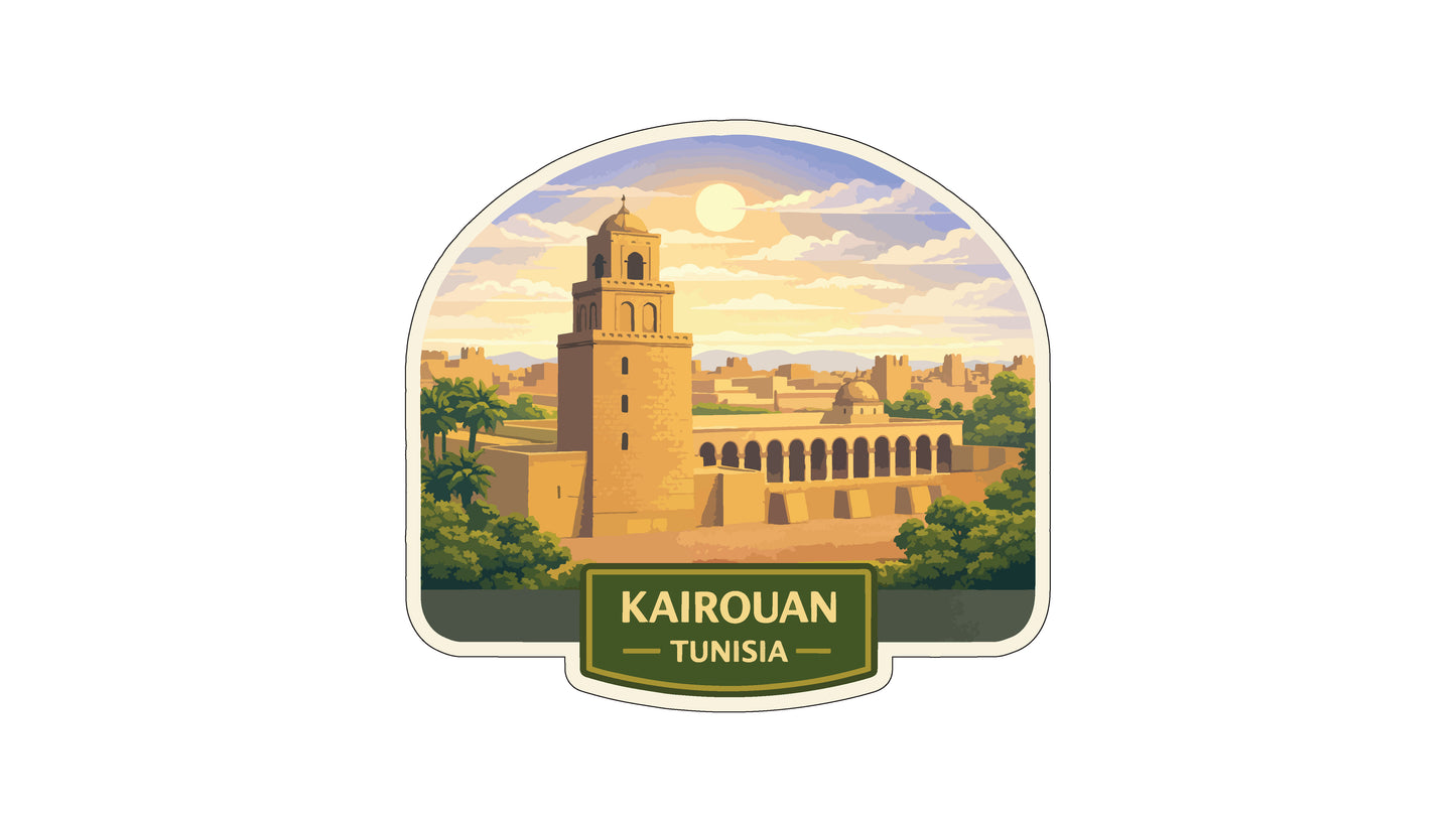 a large, ornate tower with a bell tower, surrounded by a cityscape with buildings and greenery. The text "KAIROUAN TUNISIA" is displayed below the tower.