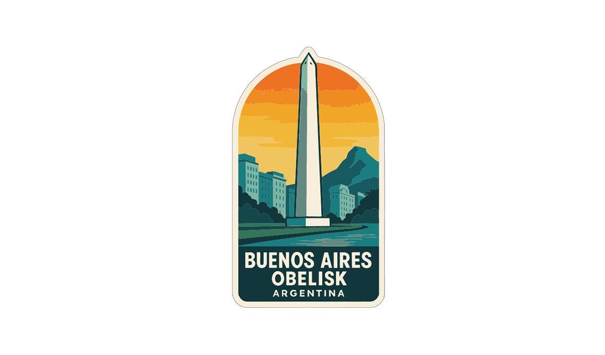 a sticker or label with a tall obelisk in the center, surrounded by a cityscape and mountains in the background. The text "BUENOS AIRES OBLIK" is prominently displayed, indicating the location of Buenos Aires, Argentina.