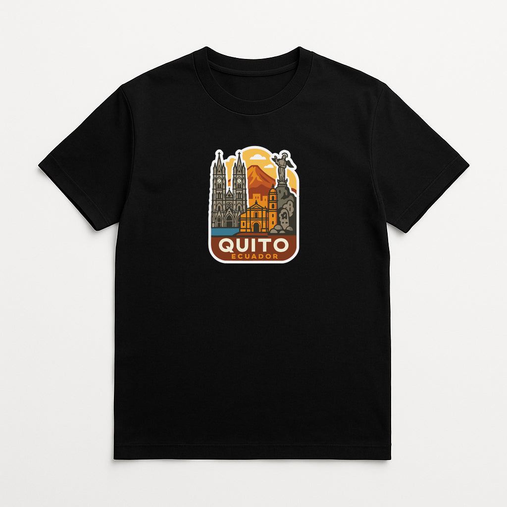 A black t-shirt with a graphic design depicting a city skyline and the text "QUITO" prominently displayed.
