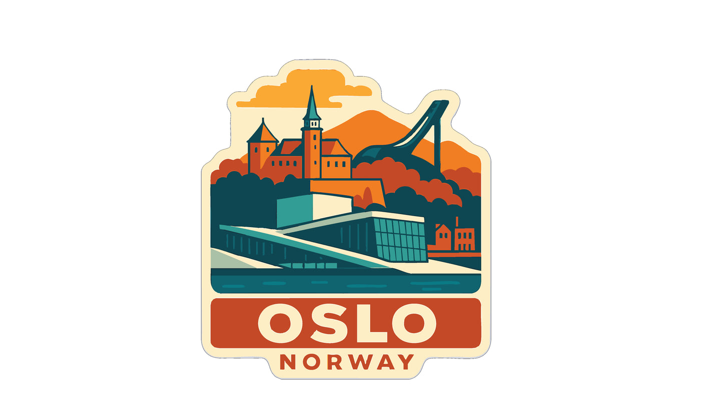 a sticker or emblem with a stylized illustration of a cityscape, including a castle, mountains, and a body of water. The text "OSLO NORWAY" is prominently displayed, indicating the location of the image.