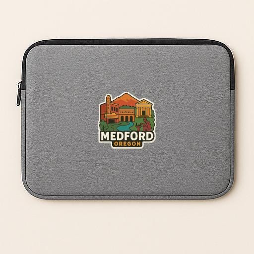 a gray laptop sleeve with a colorful logo of Medford, Oregon.