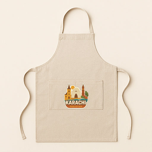 A beige apricot with a graphic of a city skyline and the word "KARACHI" printed on it.