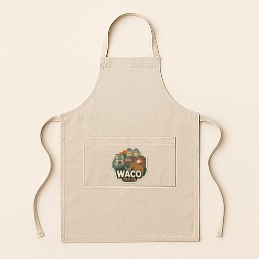 A beige apricot with a graphic design on the front pocket, featuring a cityscape and the text "Waco, TX".