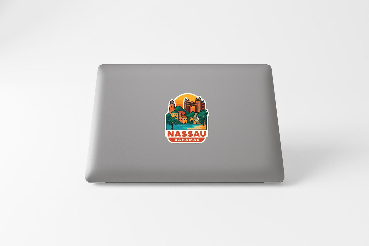a sticker or decal of Nassau, Bahamas, on the back of a laptop computer.