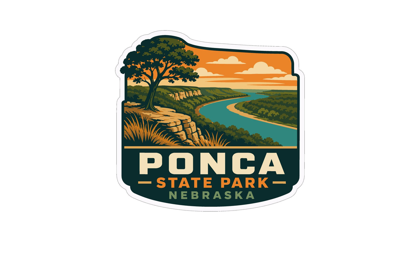 A sticker or emblem featuring a scenic landscape with a river, mountains, and a tree, along with the text "PONCA STATE PARK NEBRASKA".