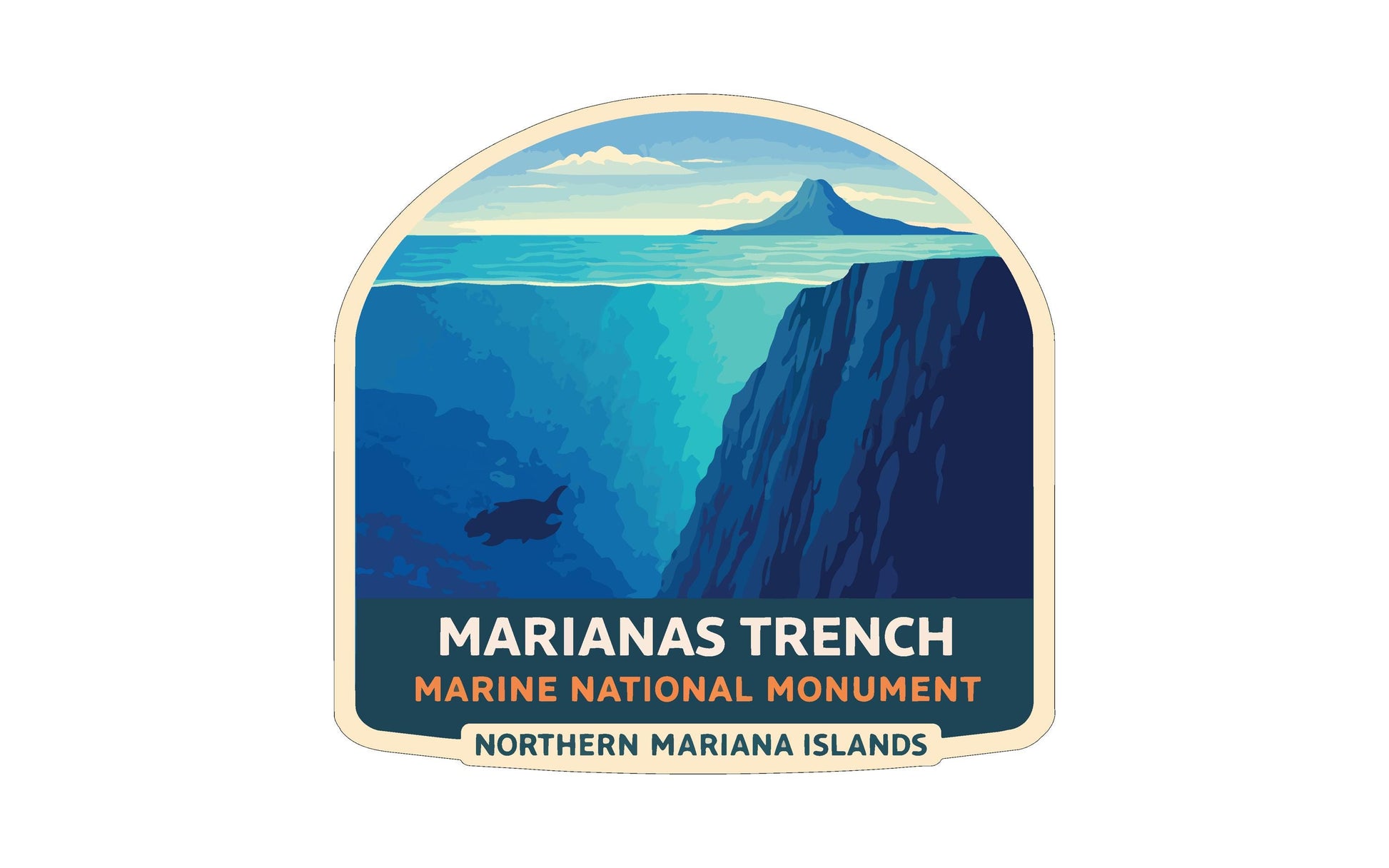 a sticker or label with a scenic view of the Marianas Trench, a famous underwater trench in the Mariana Islands. The label includes the text "Marianas Trench" and "Marine National Monument" along with the text "Northern Marianana Islands".