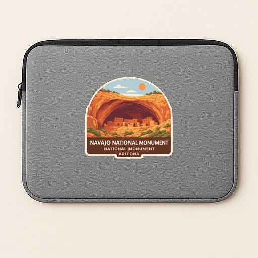 A gray laptop sleeve with a sticker of the Navajo National Monument in Arizona.