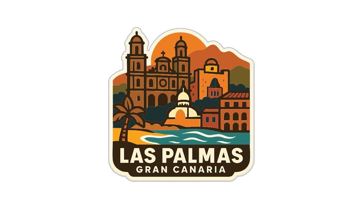 A sticker or emblem featuring the cityscape of Las Palmas, Gran Canaria, with a variety of buildings, a church, and a palm tree.