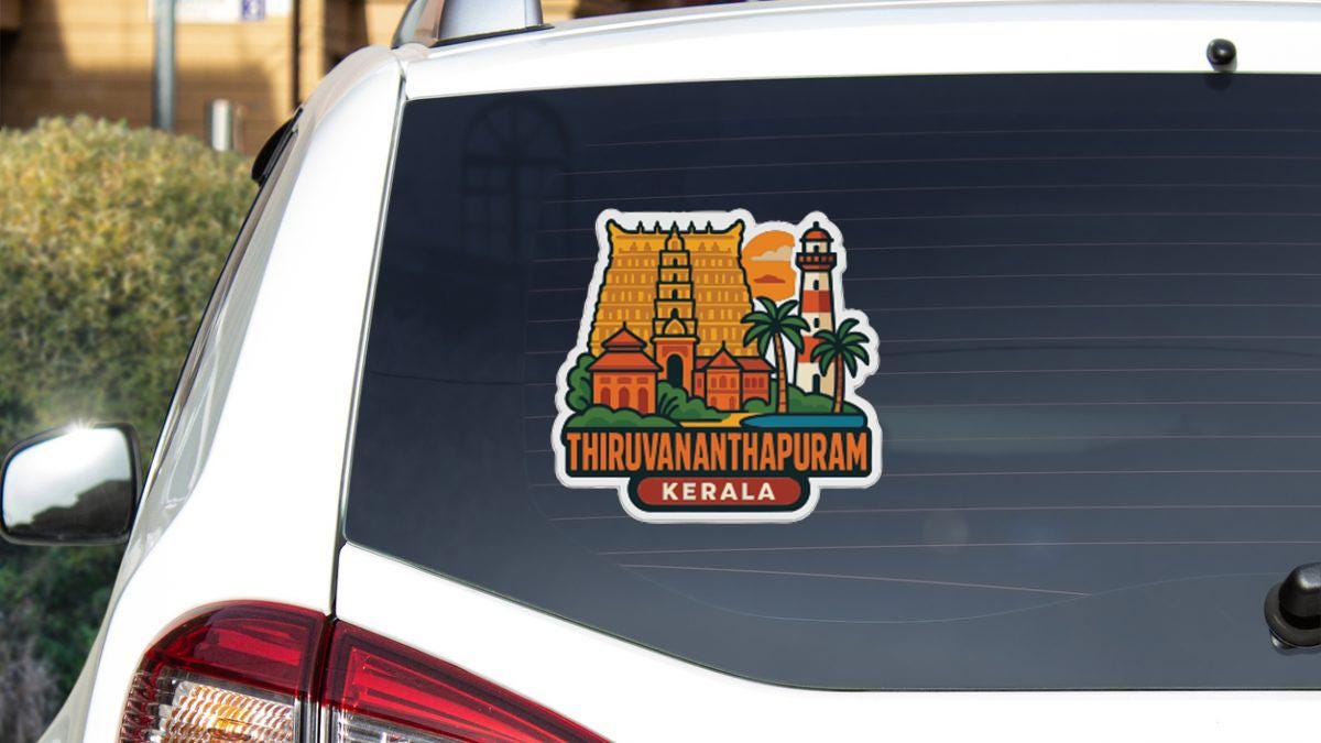 A sticker on the rear window of a car, depicting the skyline and landmarks of Thruvannanthapuram, a city in Kerala, India.