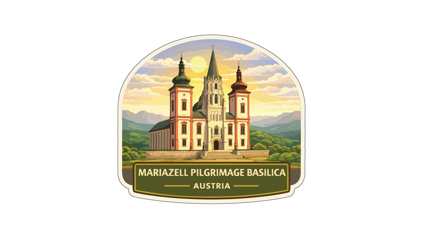 a large, colorful illustration of the Marazell Pilgrimage Basilica in Austria, with a scenic landscape in the background.