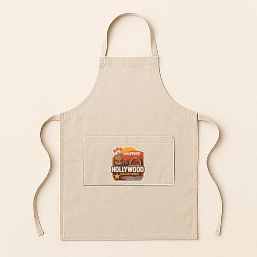 A beige apricot with a graphic of Hollywood, California on it.
