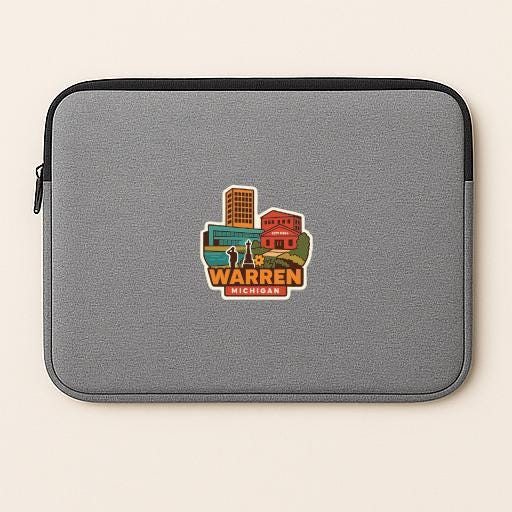 A gray laptop sleeve with a sticker of Warren, Michigan printed on it.