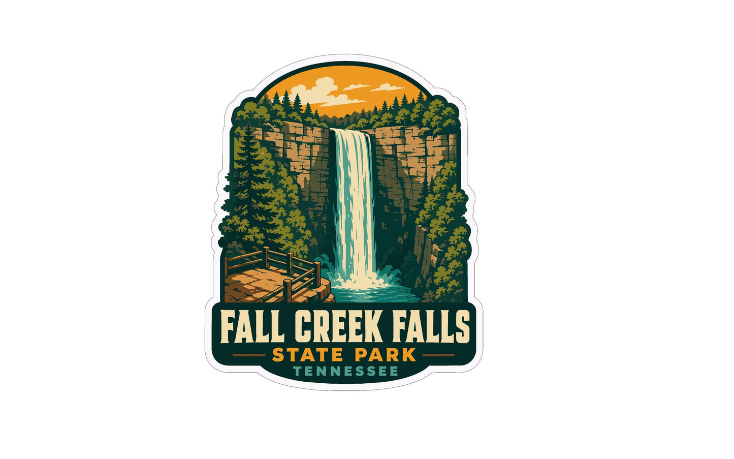 a waterfall surrounded by trees and a scenic landscape, with the text "FALL CREEK FALLS STATE PARK TENNESSEE" prominently displayed.