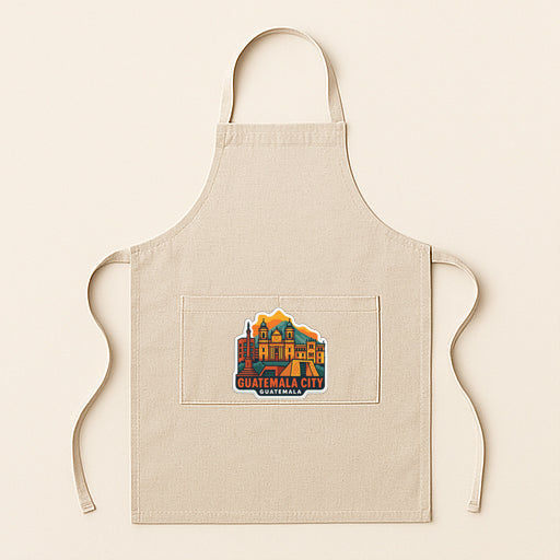 A beige apricot with a graphic of Guatemala City printed on it.