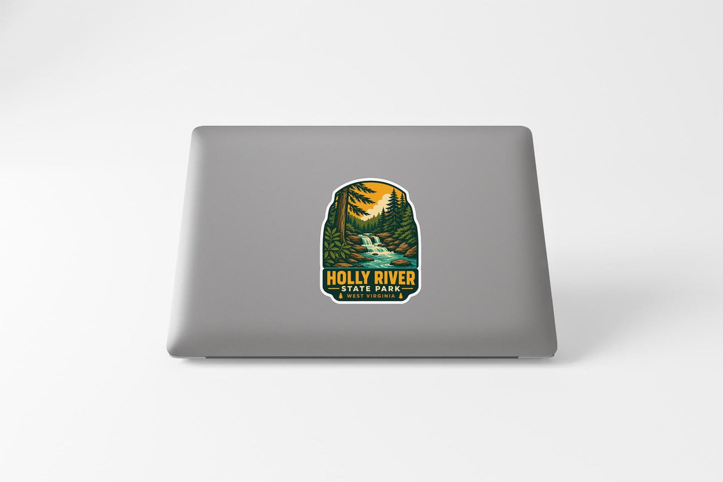 A sticker featuring a scenic landscape with a river, trees, and mountains, along with the text "Holly River State Park".