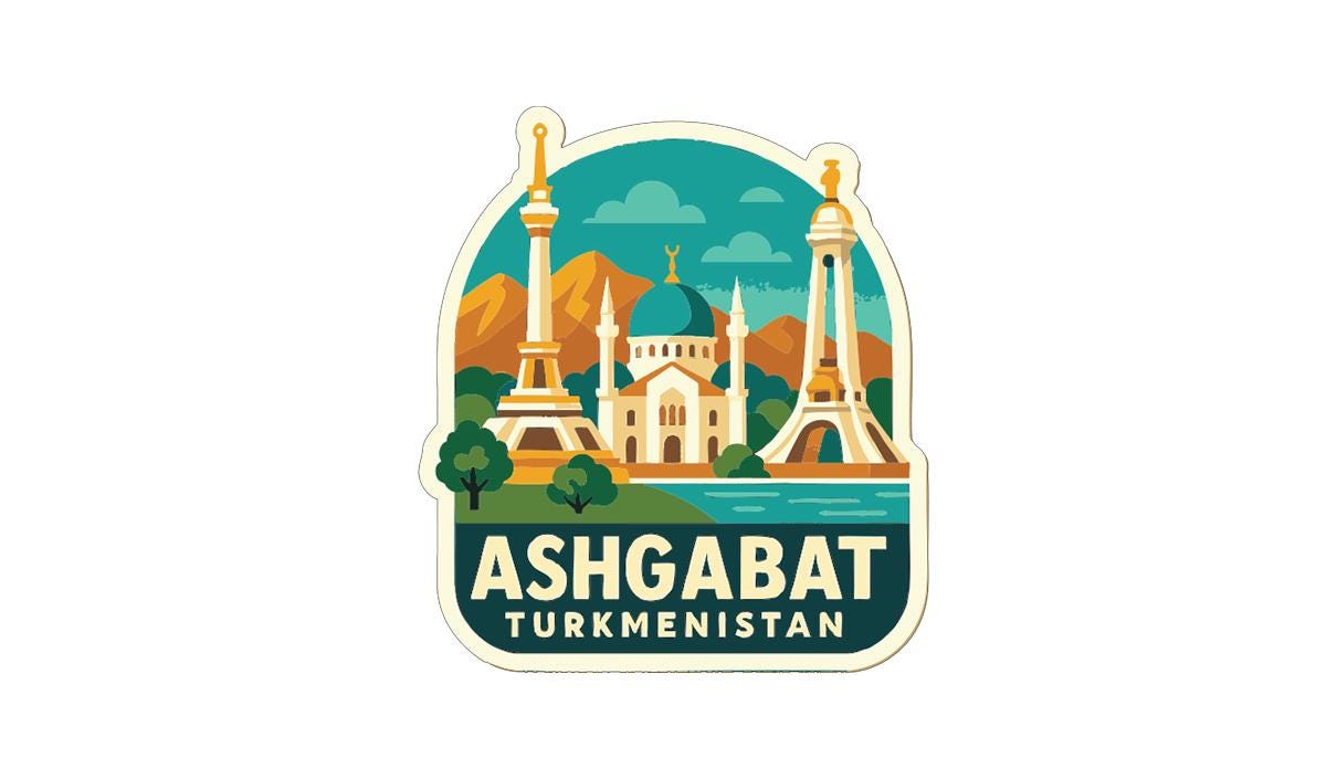 a sticker or emblem with the text "ASHGABAT TURKMENISTAN" and an illustration of the cityscape of Ashgabat, Turkmenistan.