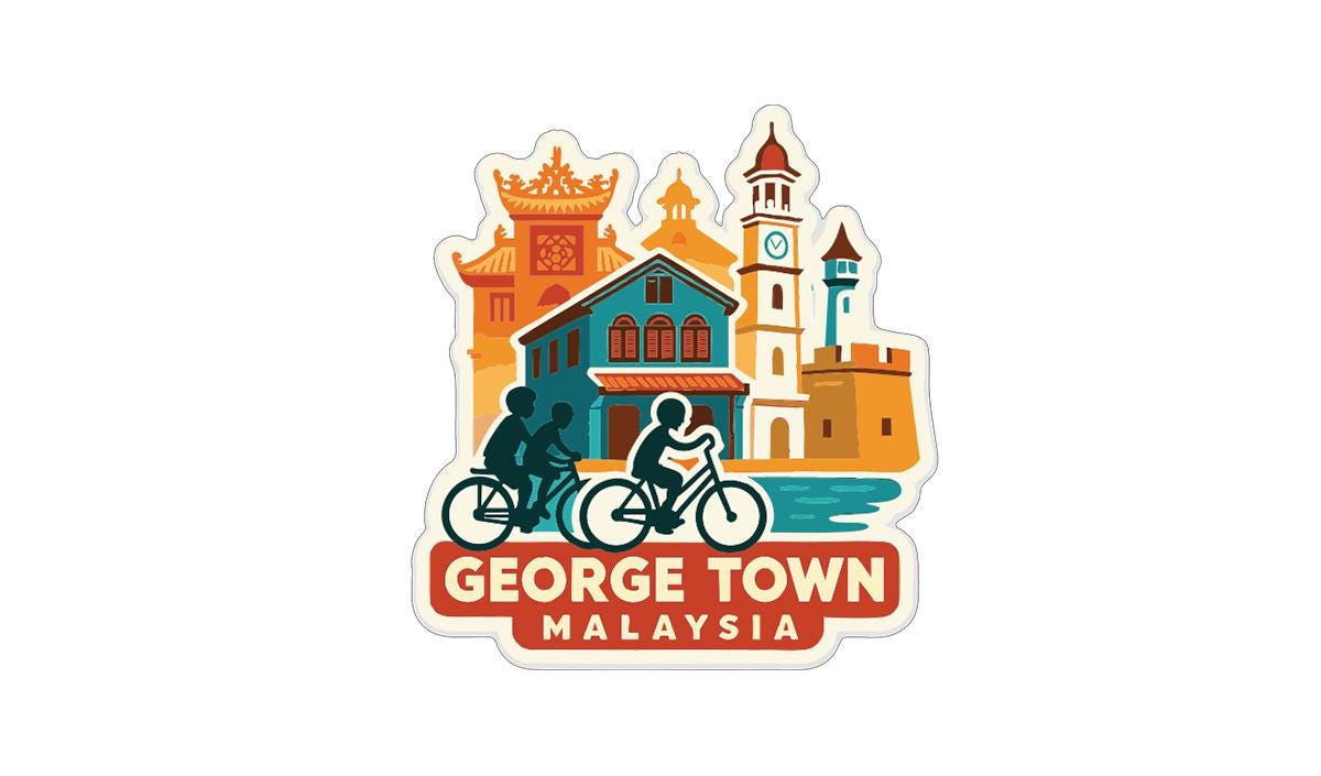 A sticker or emblem featuring a cityscape with buildings, a clock tower, and two people riding bicycles. The text "GEORGE TOWN MALAYSIA" is prominently displayed, indicating the location or theme of the image.