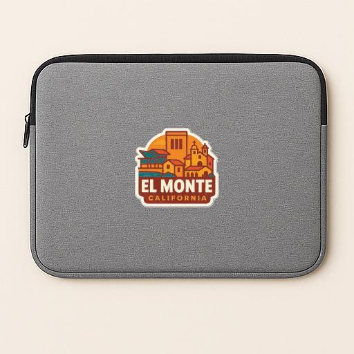 A gray laptop sleeve with a colorful logo of El Monte, California.