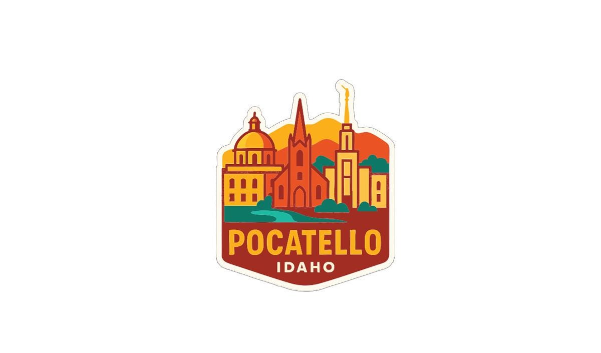 A sticker or emblem featuring the city of Pocatello, Idaho, with various buildings and landmarks depicted in a stylized manner.