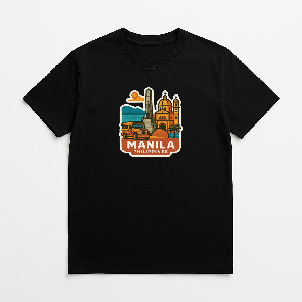 A black t-shirt with a graphic design depicting the skyline and landmarks of Manila, the capital city of the Philippines.