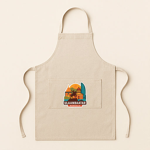 A beige apricot with a graphic design featuring a house, palm tree, and the text "ULAANBAATAR" printed on it.